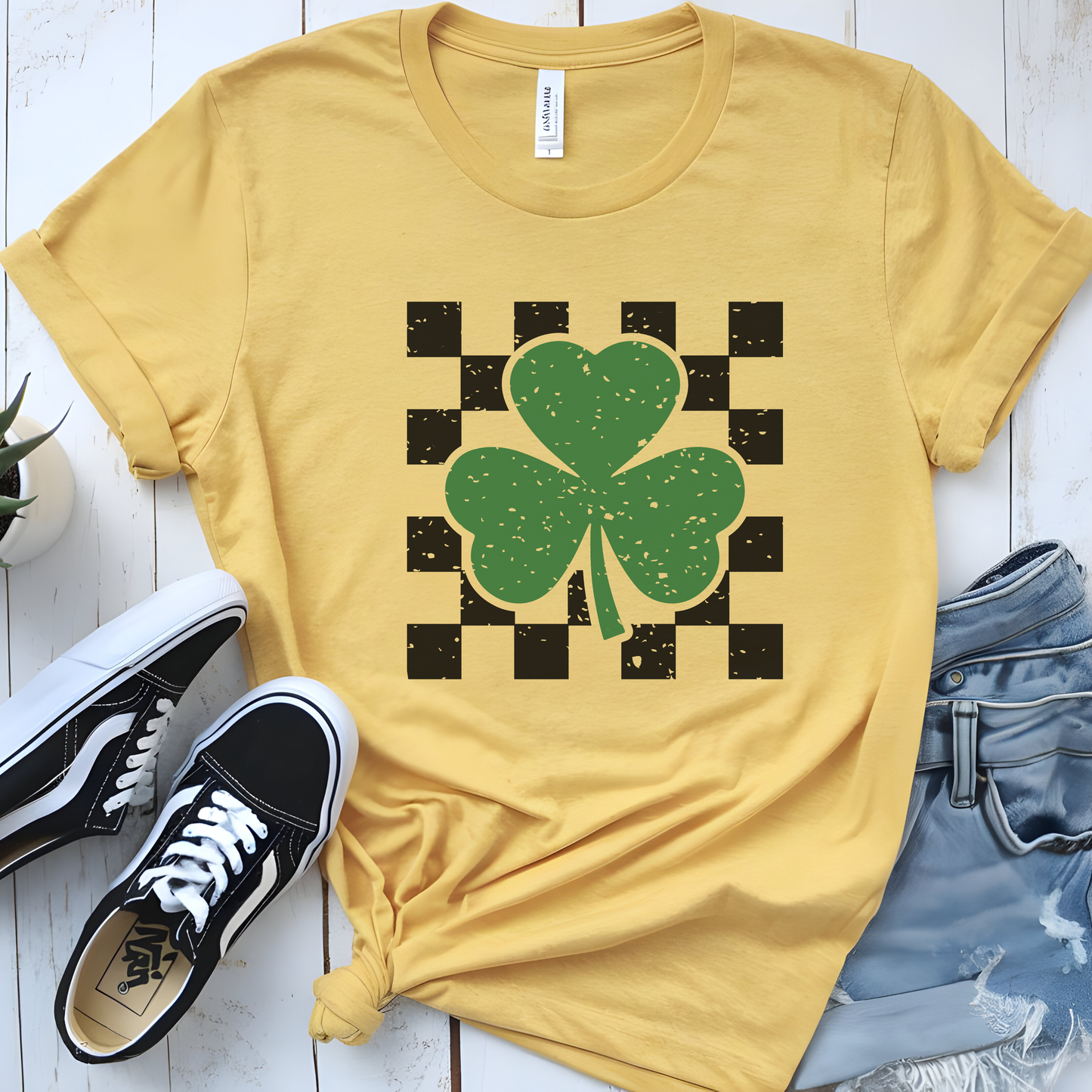 Retro Checkered Shamrock Graphic Tee Vintage St. Patrick's Day Mustard Shirt