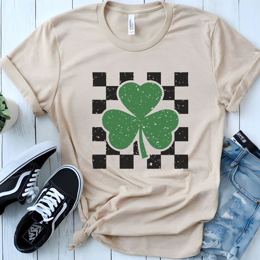 Retro Checkered Shamrock Graphic Tee Vintage St. Patrick's Day Mustard Shirt
