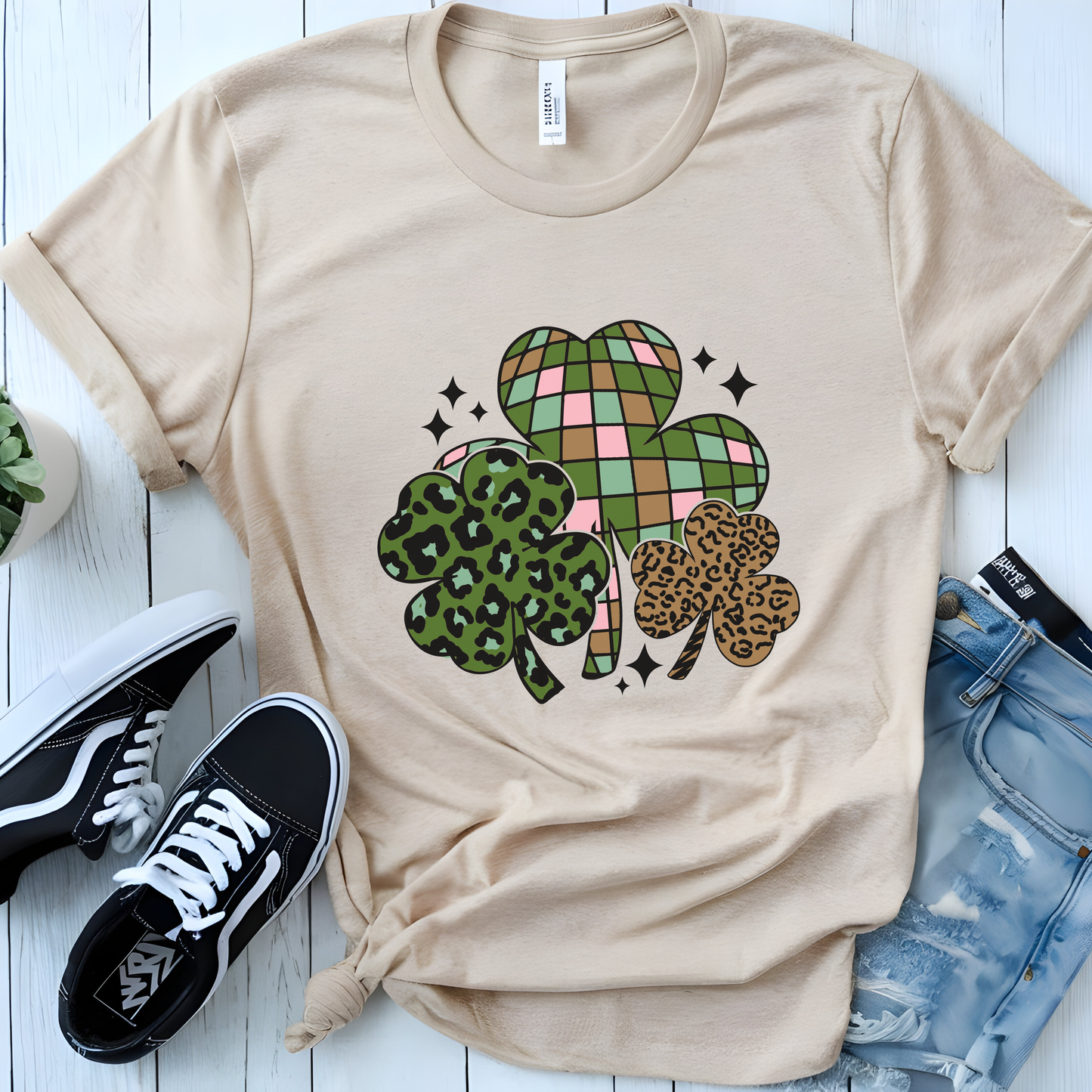 Wildly Lucky Mixed Print Tee Leopard & Disco Ball Shamrock Graphic Shirt