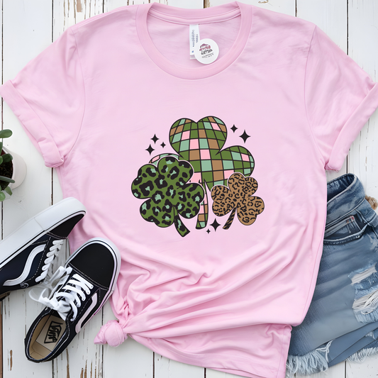 Wildly Lucky Mixed Print Tee Leopard & Disco Ball Shamrock Graphic Shirt