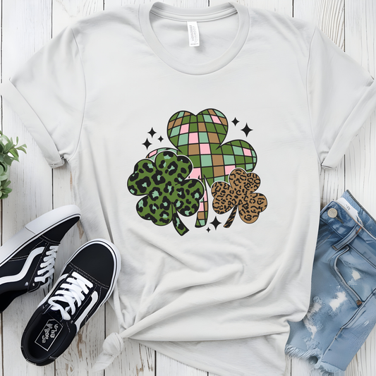 Wildly Lucky Mixed Print Tee Leopard & Disco Ball Shamrock Graphic Shirt