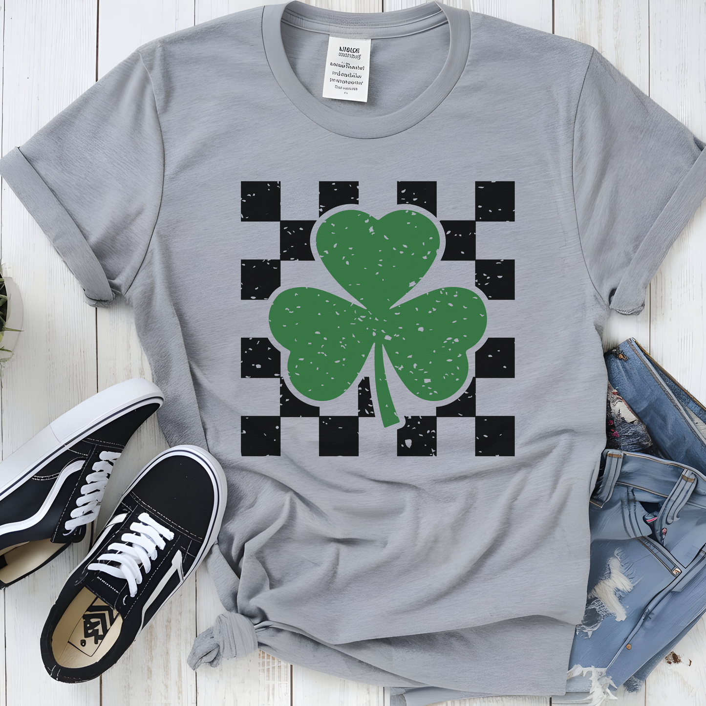 Retro Checkered Shamrock Graphic Tee Vintage St. Patrick's Day Mustard Shirt