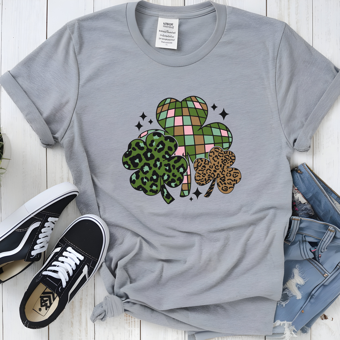 Wildly Lucky Mixed Print Tee Leopard & Disco Ball Shamrock Graphic Shirt