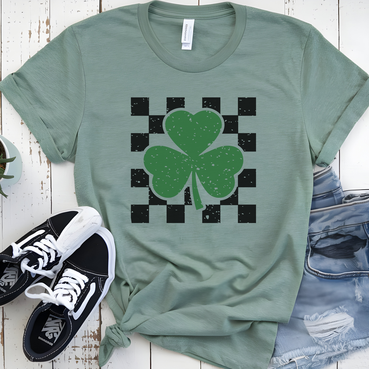 Retro Checkered Shamrock Graphic Tee Vintage St. Patrick's Day Mustard Shirt