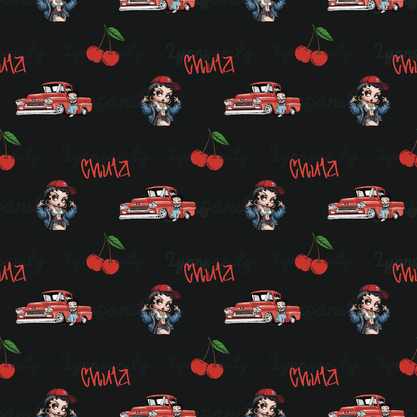 Chola Style Seamless Pattern, Lowrider Truck Digital Paper, Latina Character Sublimation, Chula Cherry Fabric Design, West Coast Art PNG