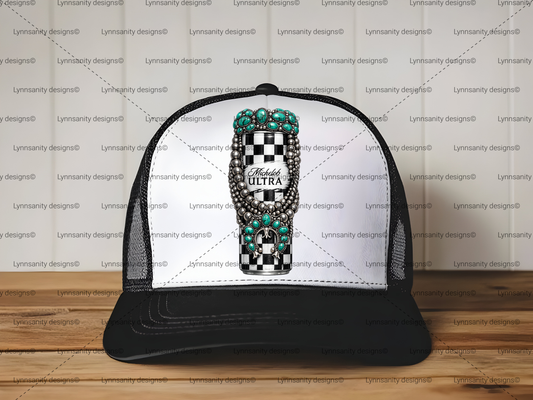 Black Checkered Turquoise Beer Can Digital Design