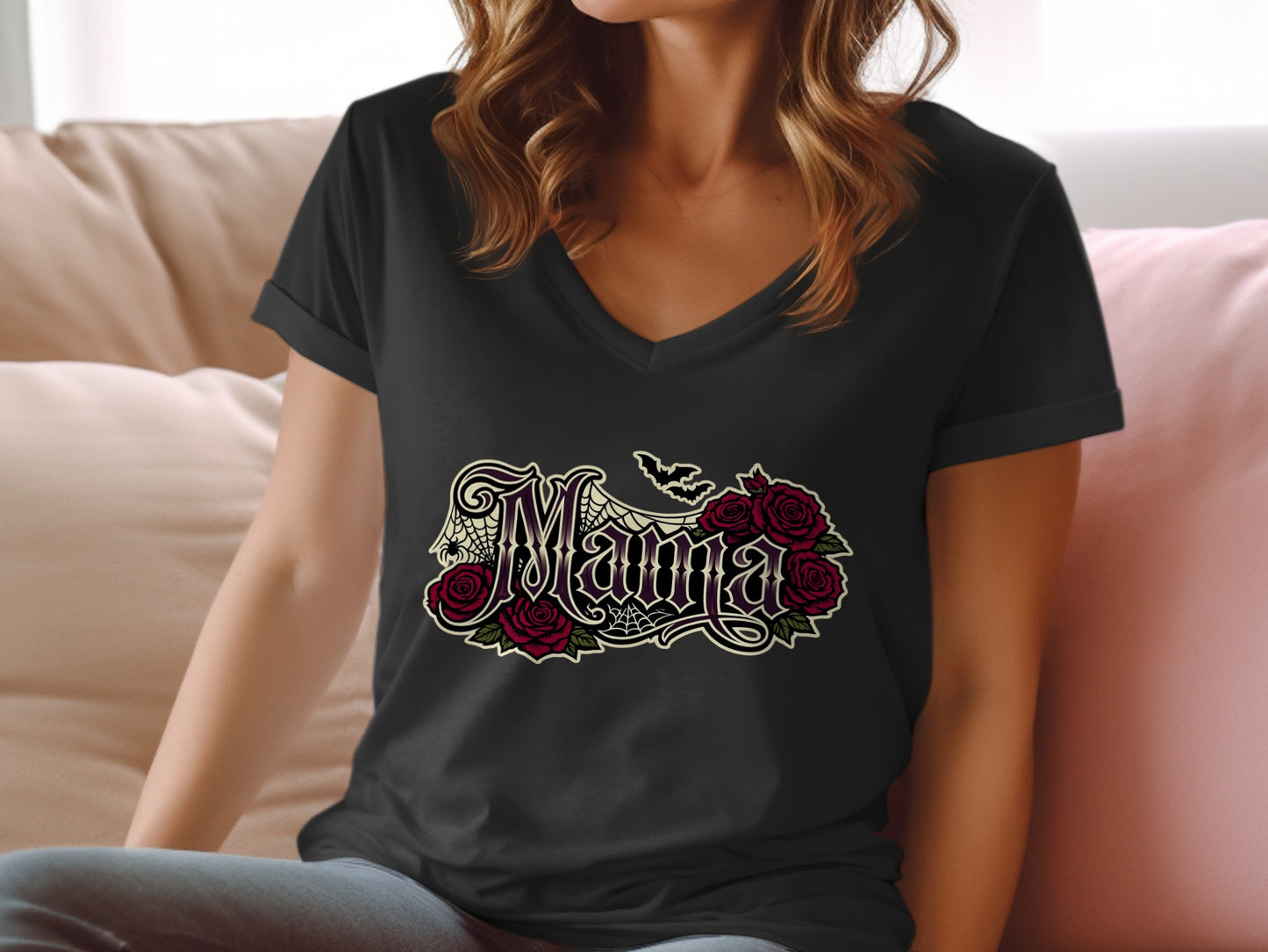 Black v-neck t-shirt with "Mama" text, roses, spiderwebs, and a bat.