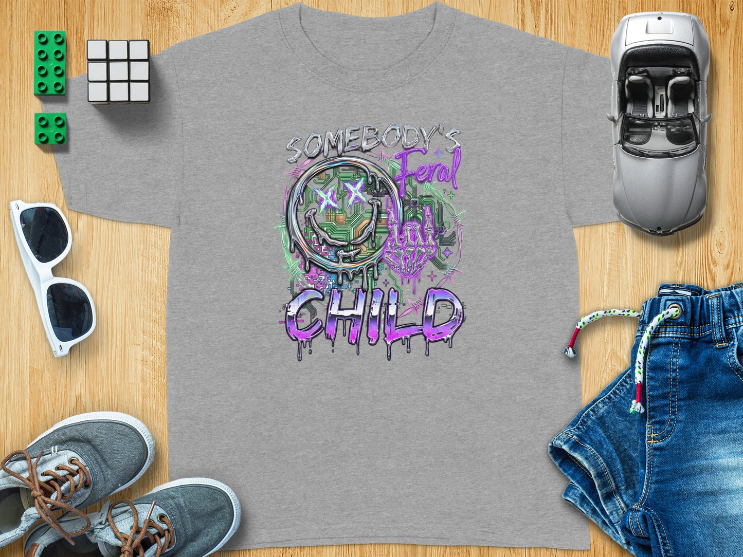Somebody's Feral My Child Neon Smiley Skull T-shirt