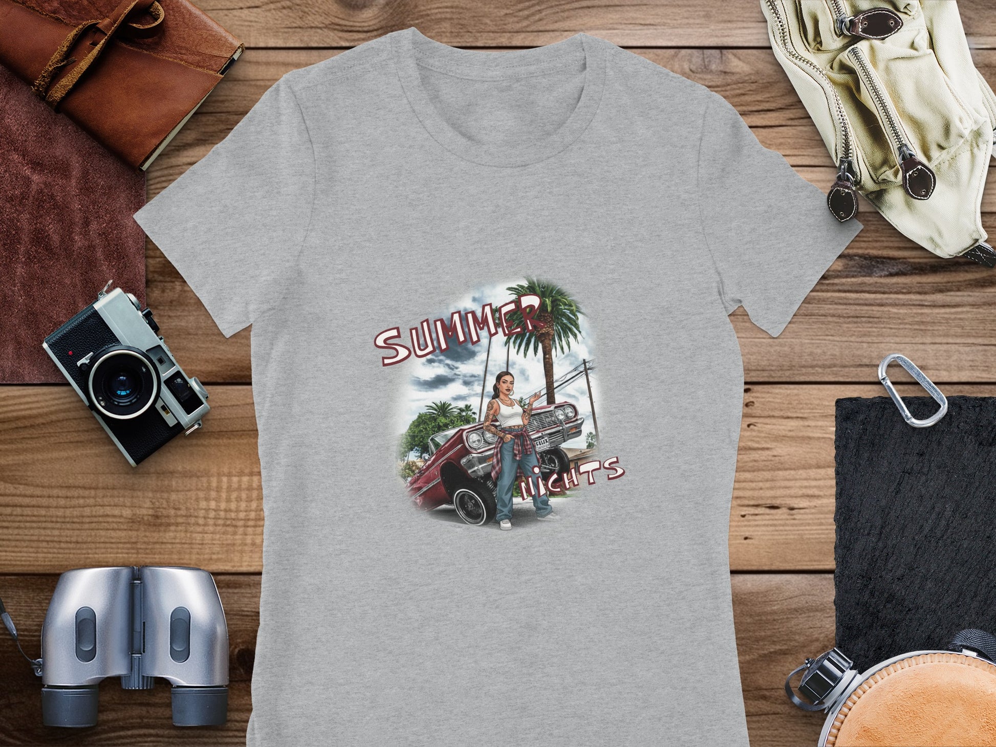 Woman leaning on a classic car with "Summer Nights" text.
