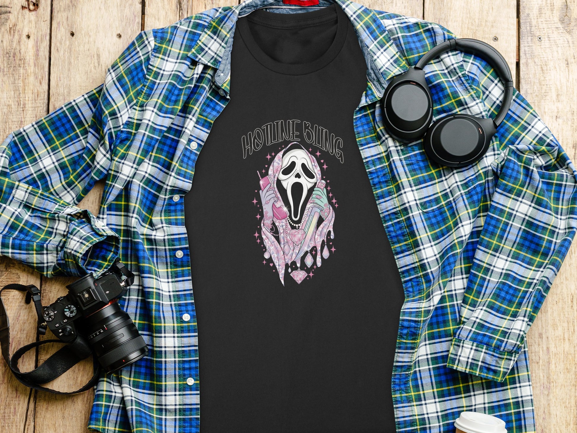 Black t-shirt with a ghost graphic and "HOTLINE BLING" text.
