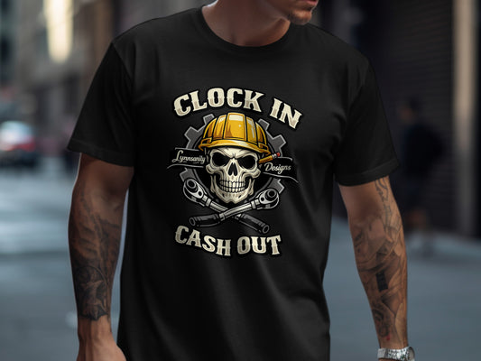 Black t-shirt with skull, hard hat, wrenches, and "Clock In Cash Out" text.