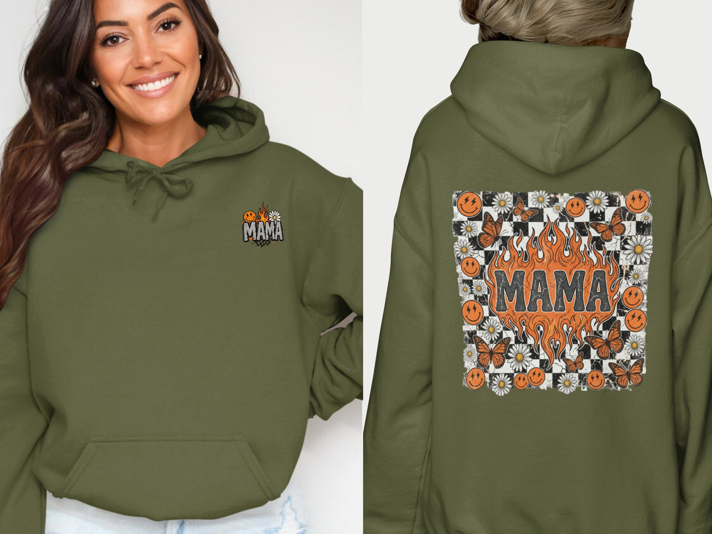 Olive green hoodie with "Mama" and floral graphic on back.