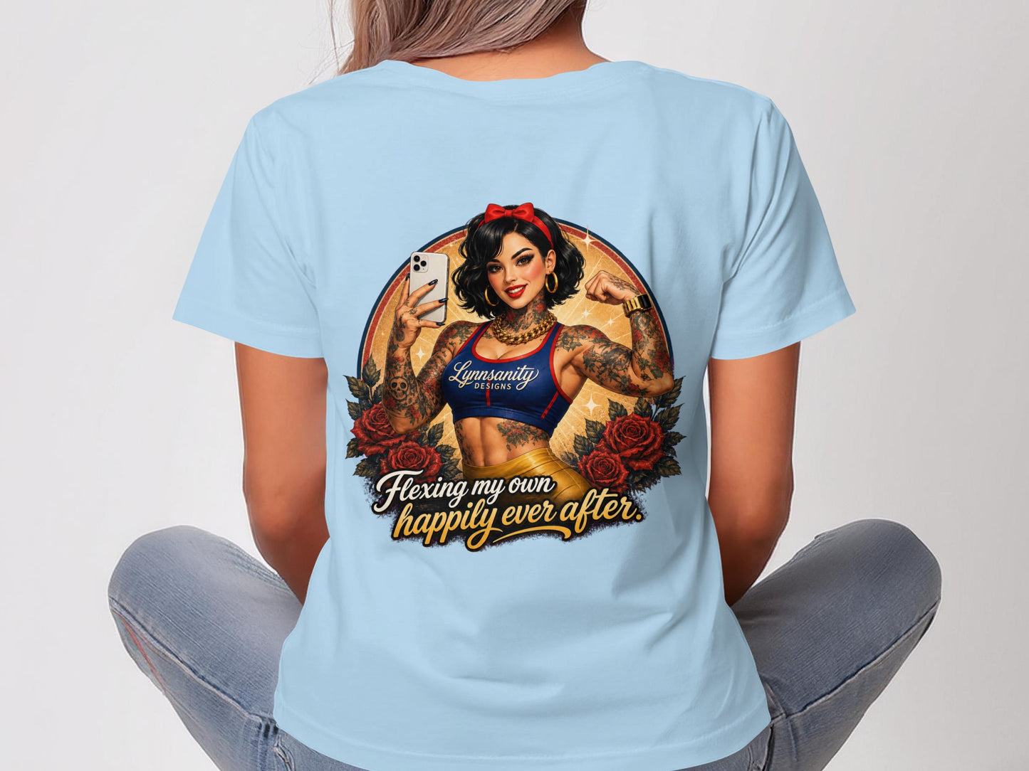 Woman flexing in a tank top with "Happily Ever After" text and rose graphics.