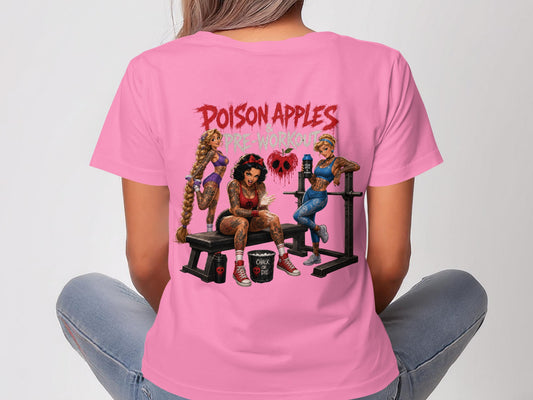Pink t-shirt with "Poison Apples Pre Workout" graphic of three tattooed women.