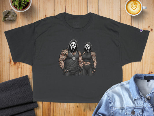 Dark t-shirt featuring tattooed Ghostface characters from Scream.