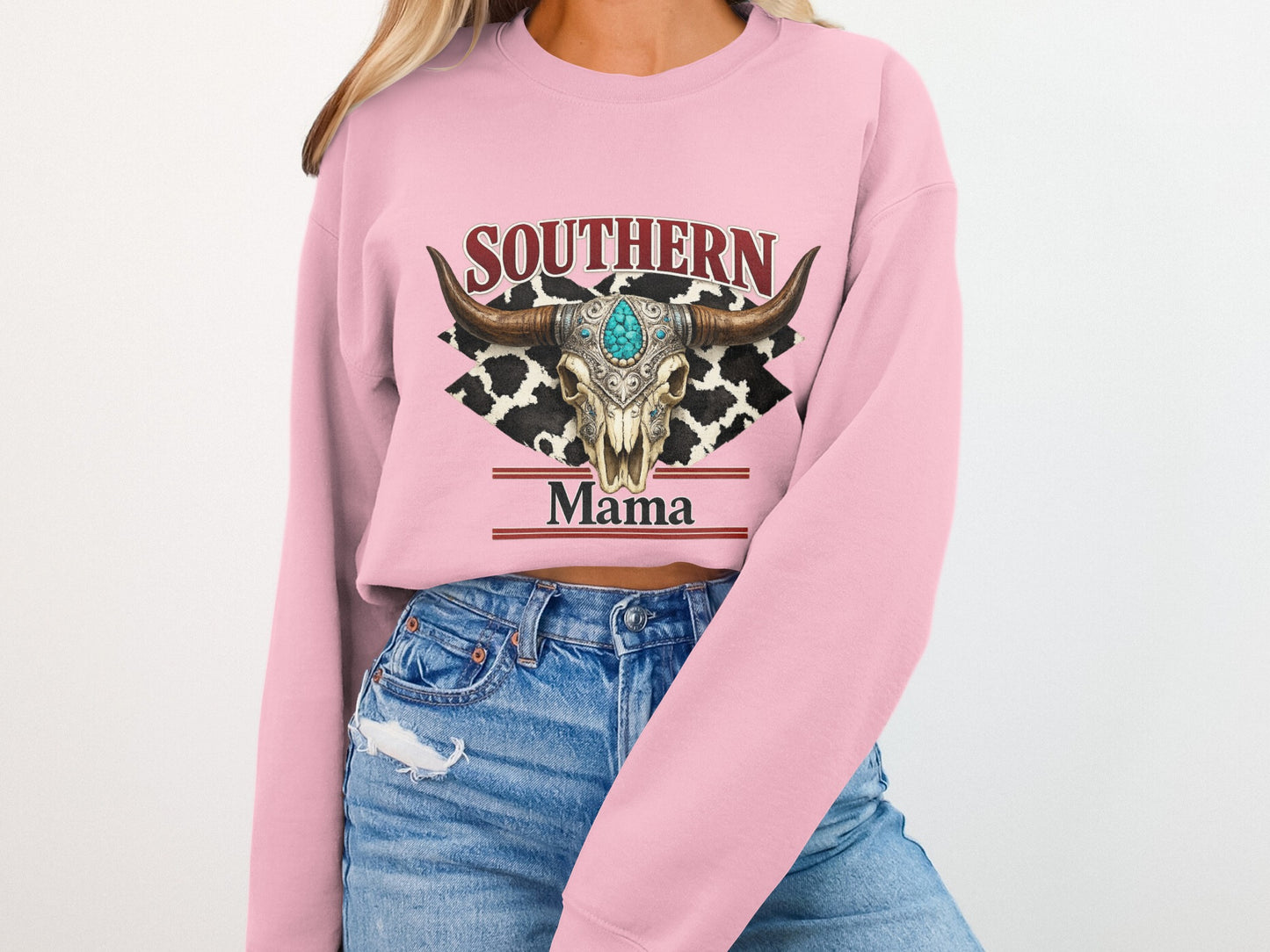 Pink sweatshirt with cow skull, turquoise accents, and "Southern Mama" text.