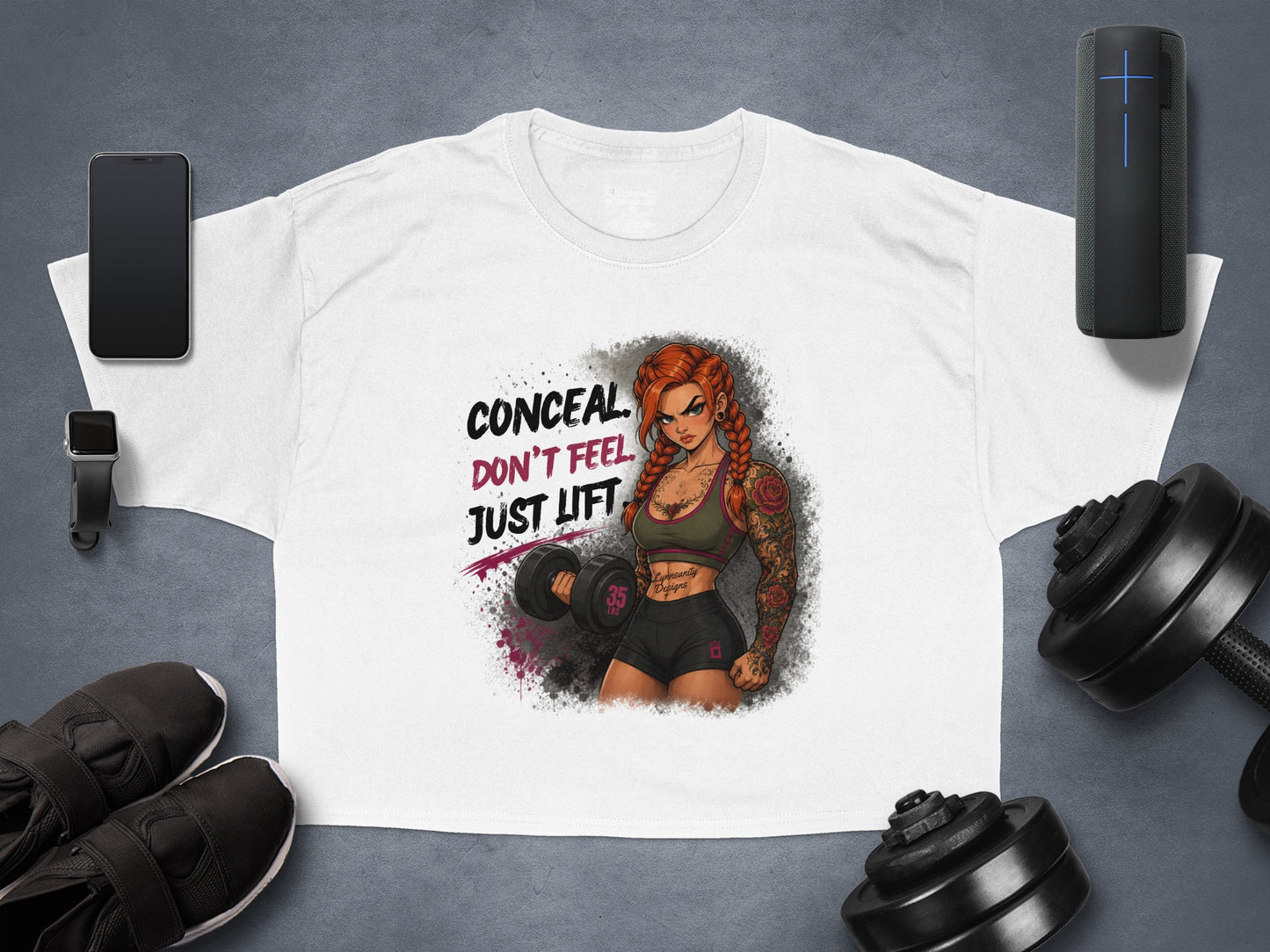 White t-shirt with "Conceal. Don't Just Lift." and woman lifting weights.