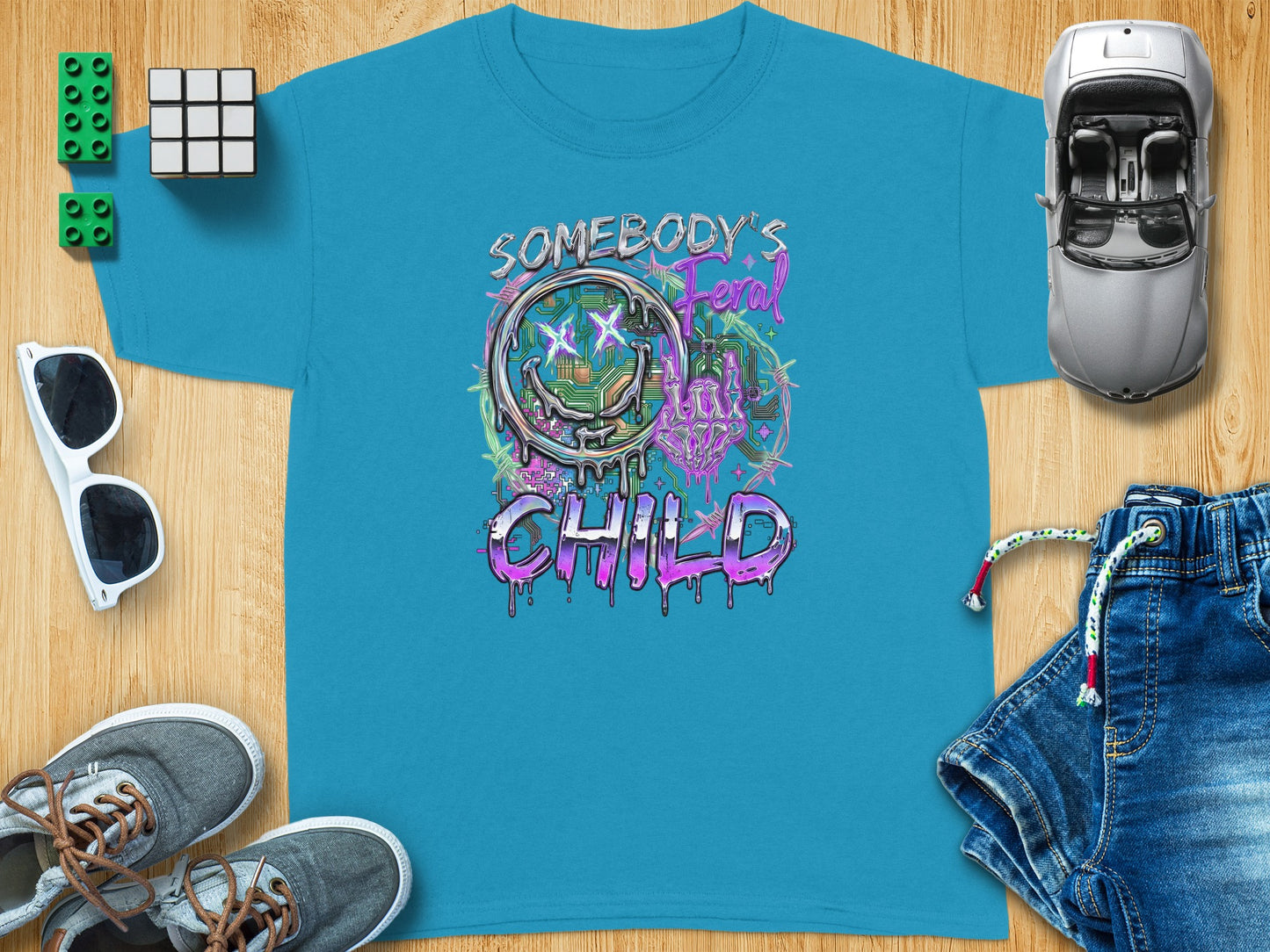 SOMEBODY'S Feral CHILD neon cyber smiley hand product type