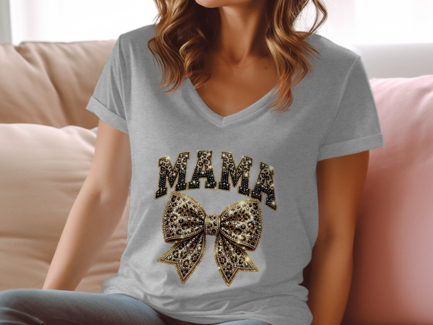 Gray v-neck t-shirt with "MAMA" text and a sequined leopard print bow.