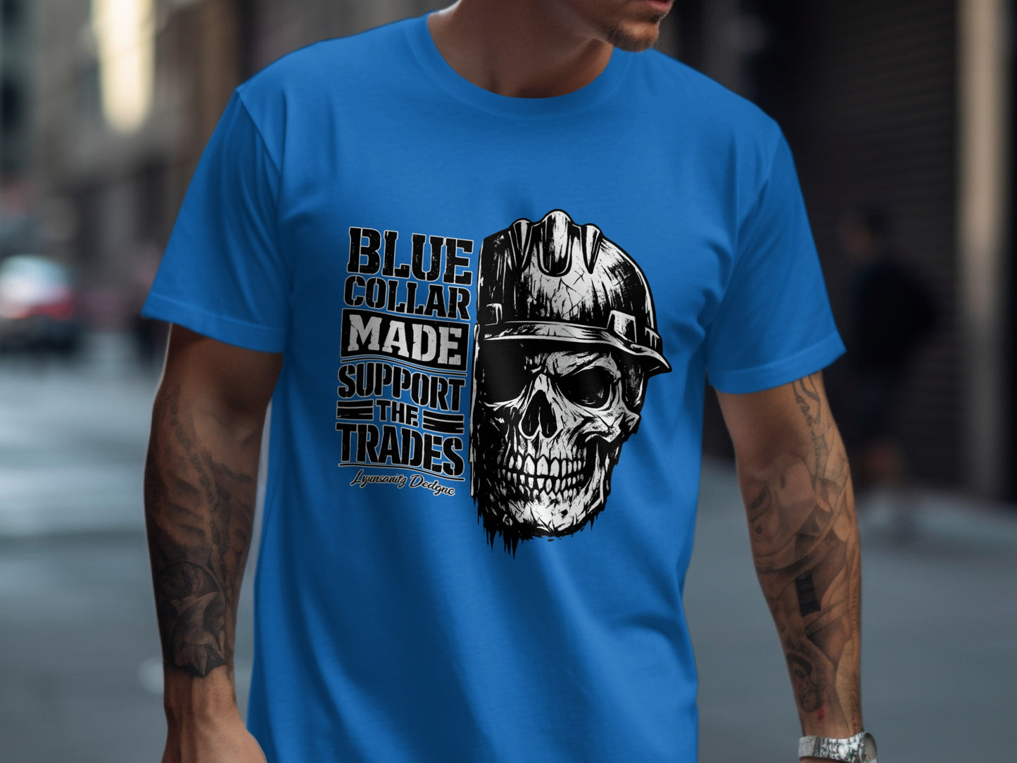 Blue collar made support the trades skull graphic t-shirt.