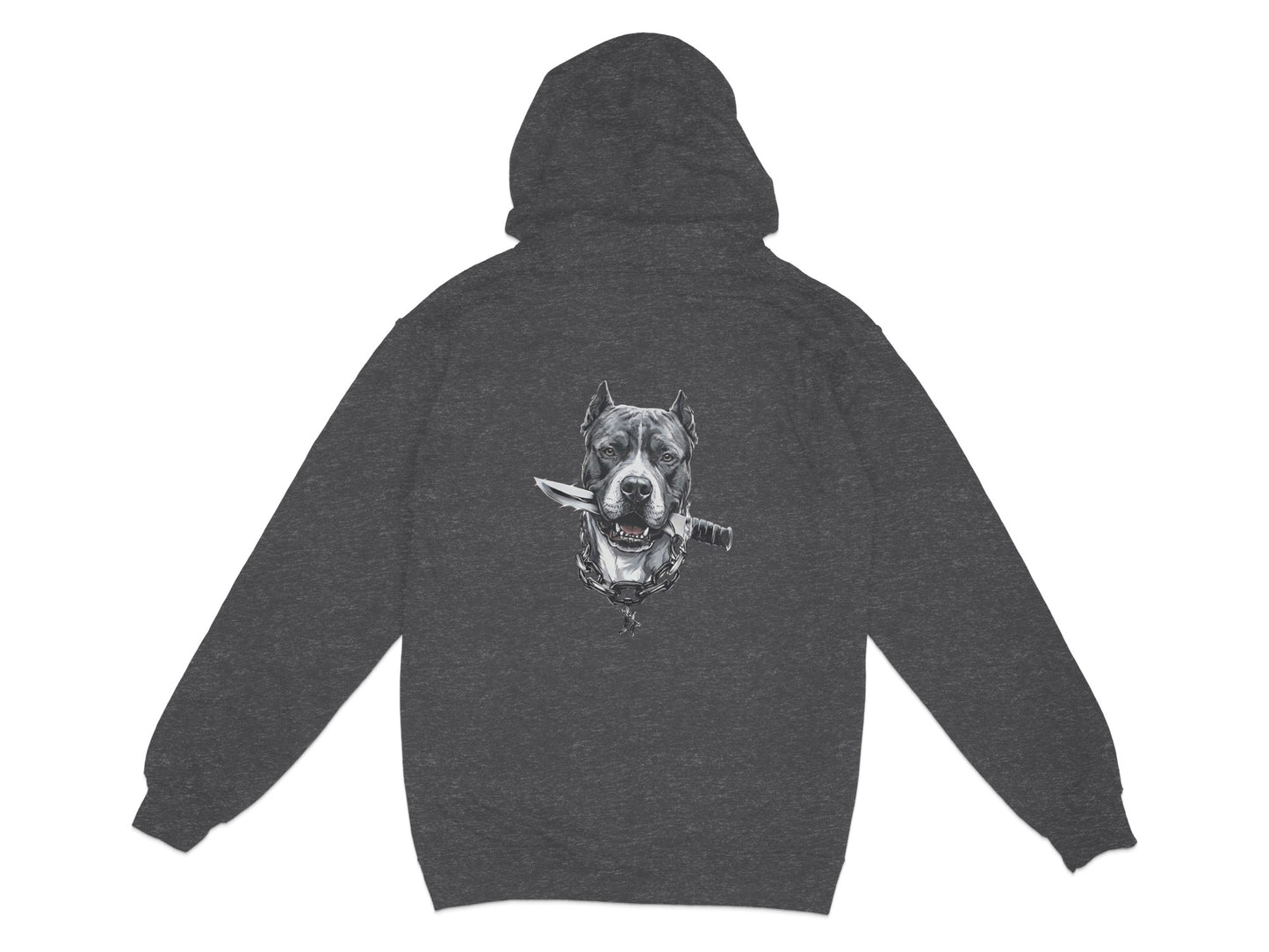 Dark grey hoodie with a fierce dog and knife graphic on the back.