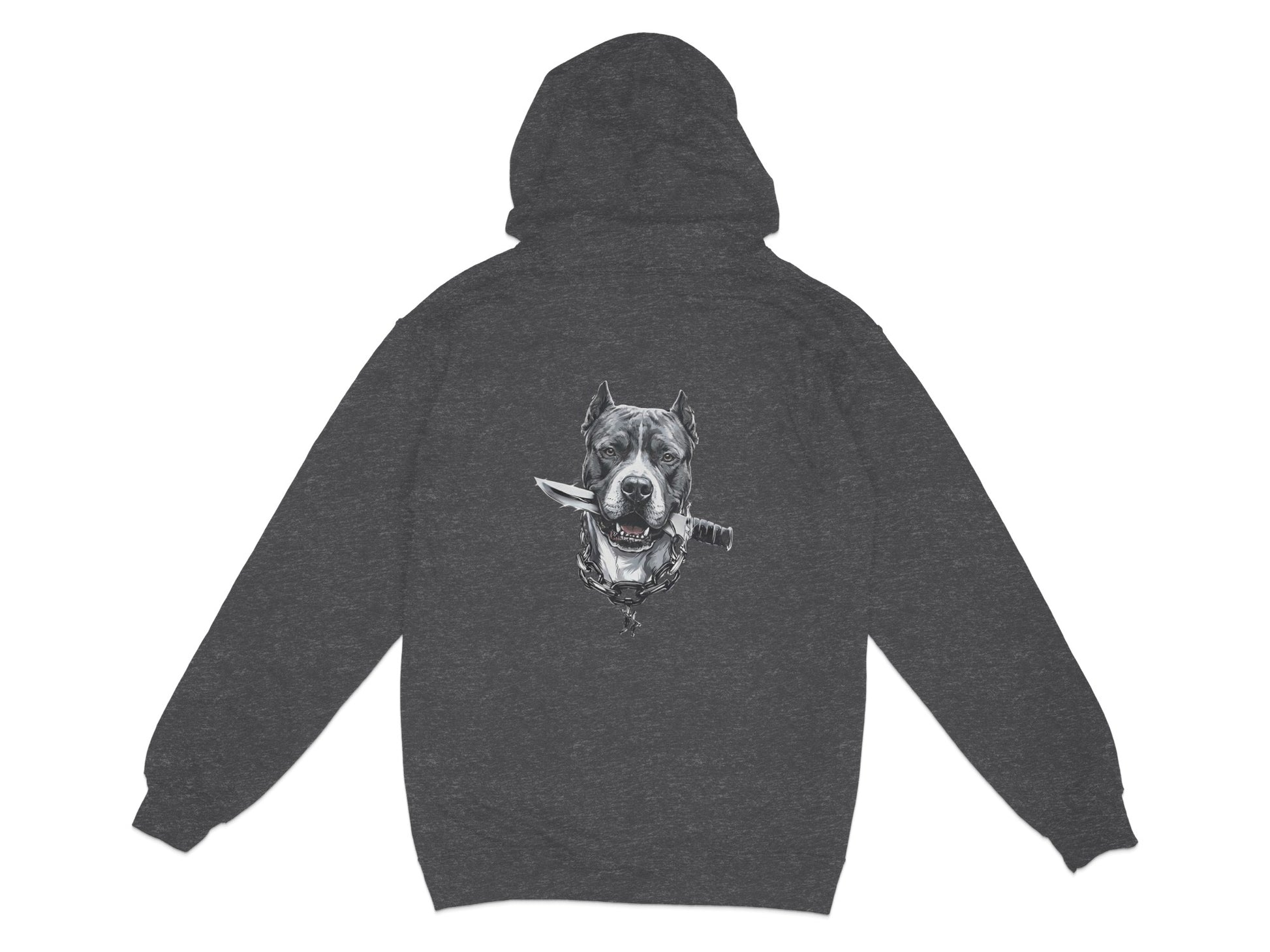 Dark grey hoodie with a fierce dog and knife graphic on the back.