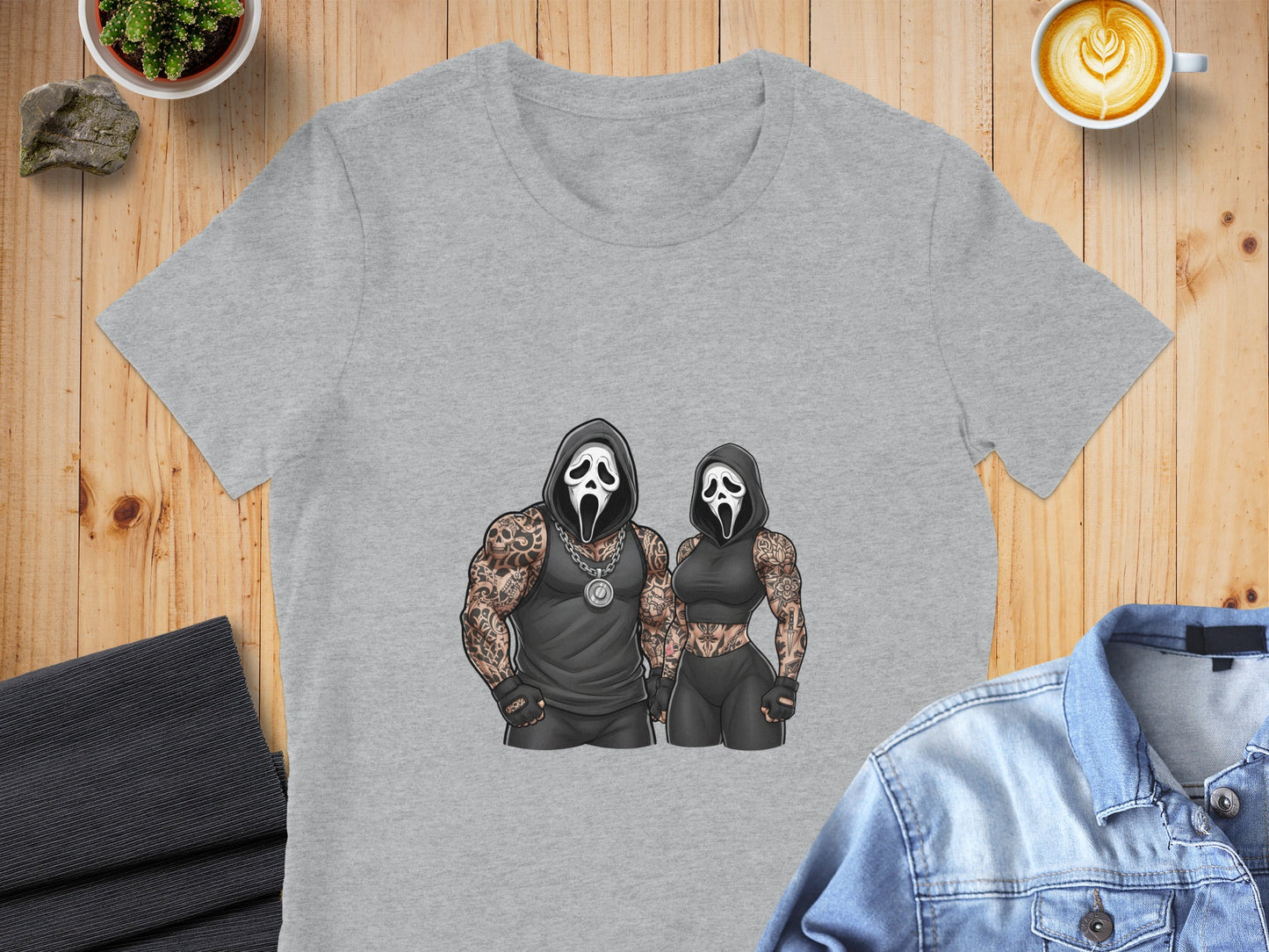 Two figures in Scream masks, one male and one female, wearing black athletic attire and tattoos.