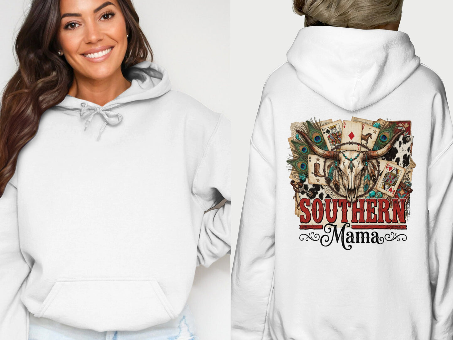 White hoodie with Southern Mama skull, feathers, and card graphic.