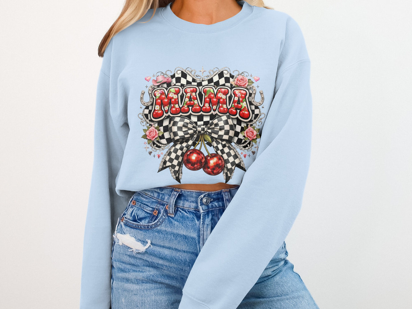 Light blue crewneck sweatshirt with "Mama" text in checkered pattern and cherries.
