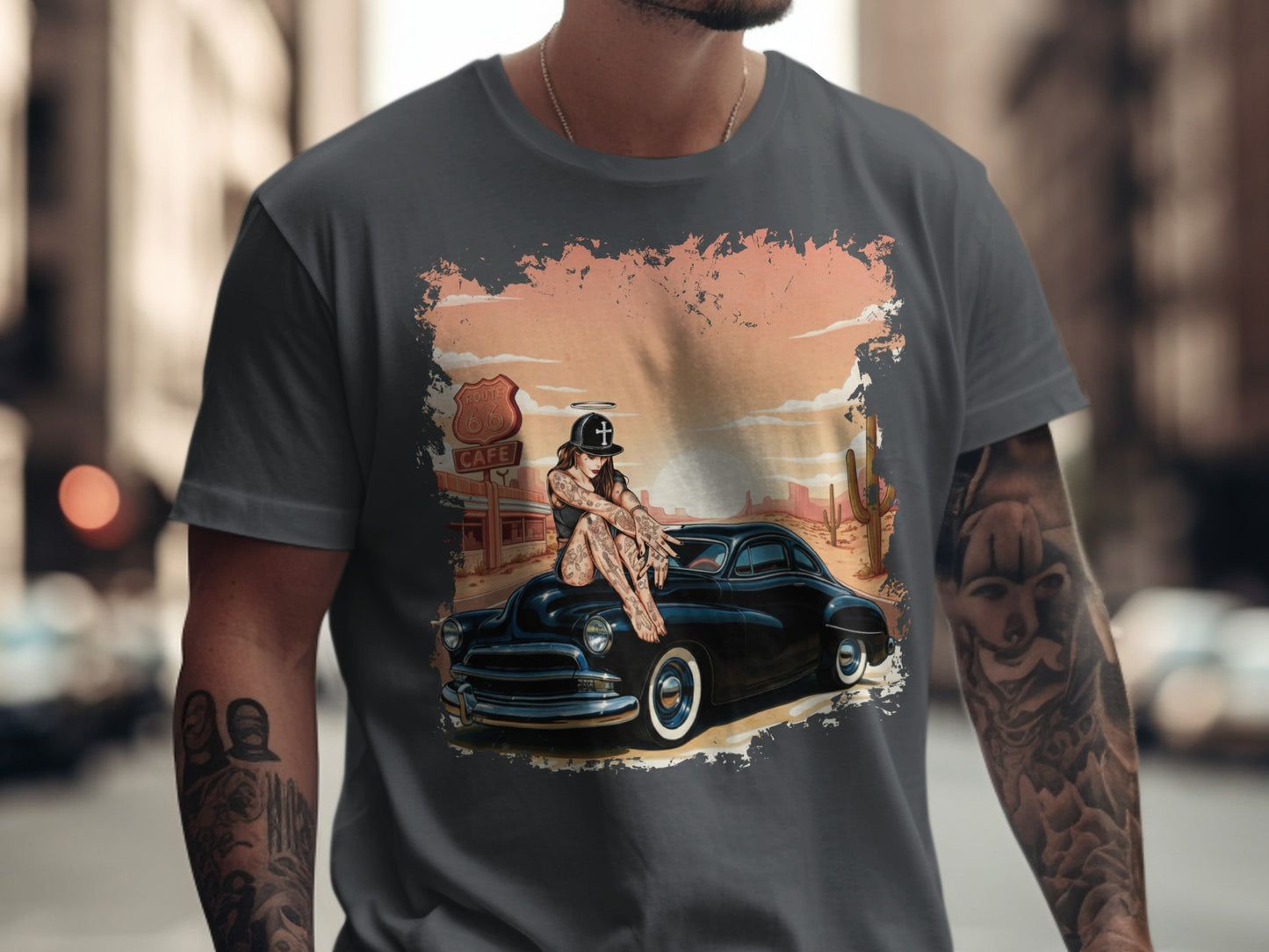 Tattooed woman on a vintage car with Route 66 background.