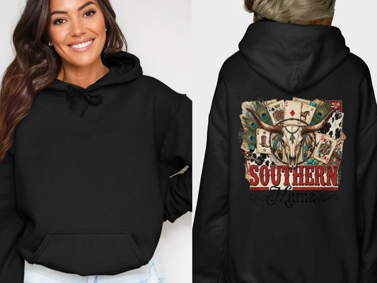 Black hoodie with skull, peacock feathers, and "Southern Mama" text graphic.