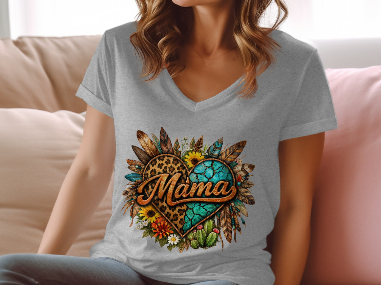 Gray v-neck t-shirt with "Mama" heart design featuring leopard print and turquoise.