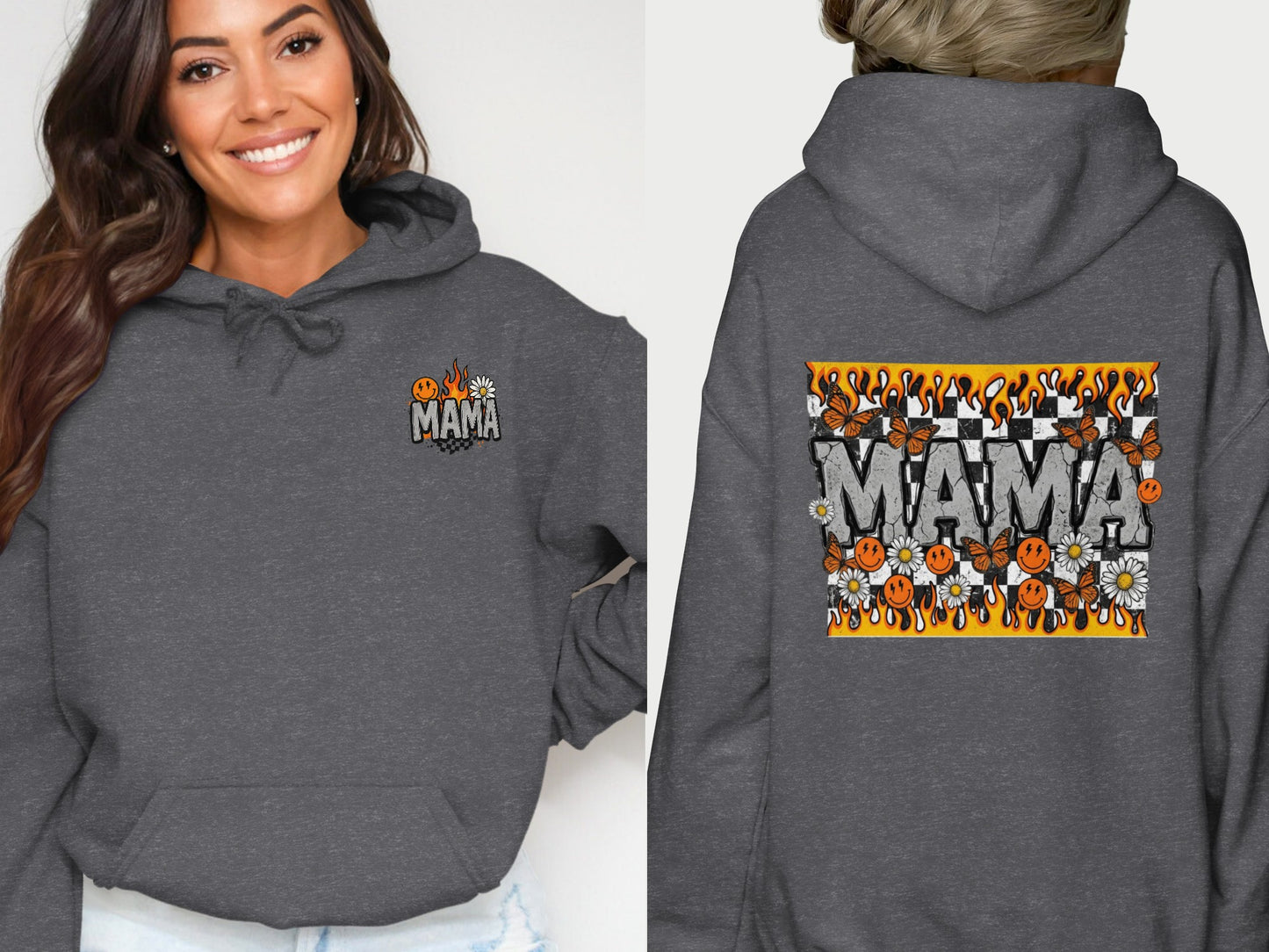 Dark gray hoodie with "MAMA" text and checkered flame, butterfly, daisy design.