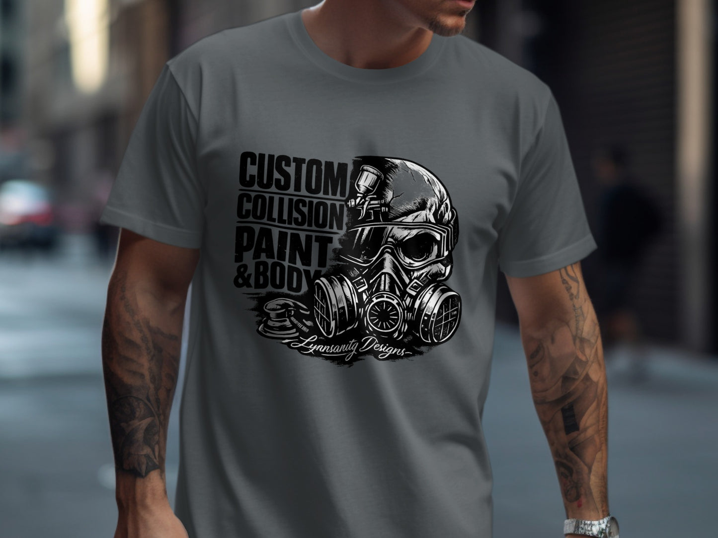 Gray t-shirt with skull and gas mask graphic, "CUSTOM COLLISION PAINT & BODY" text.