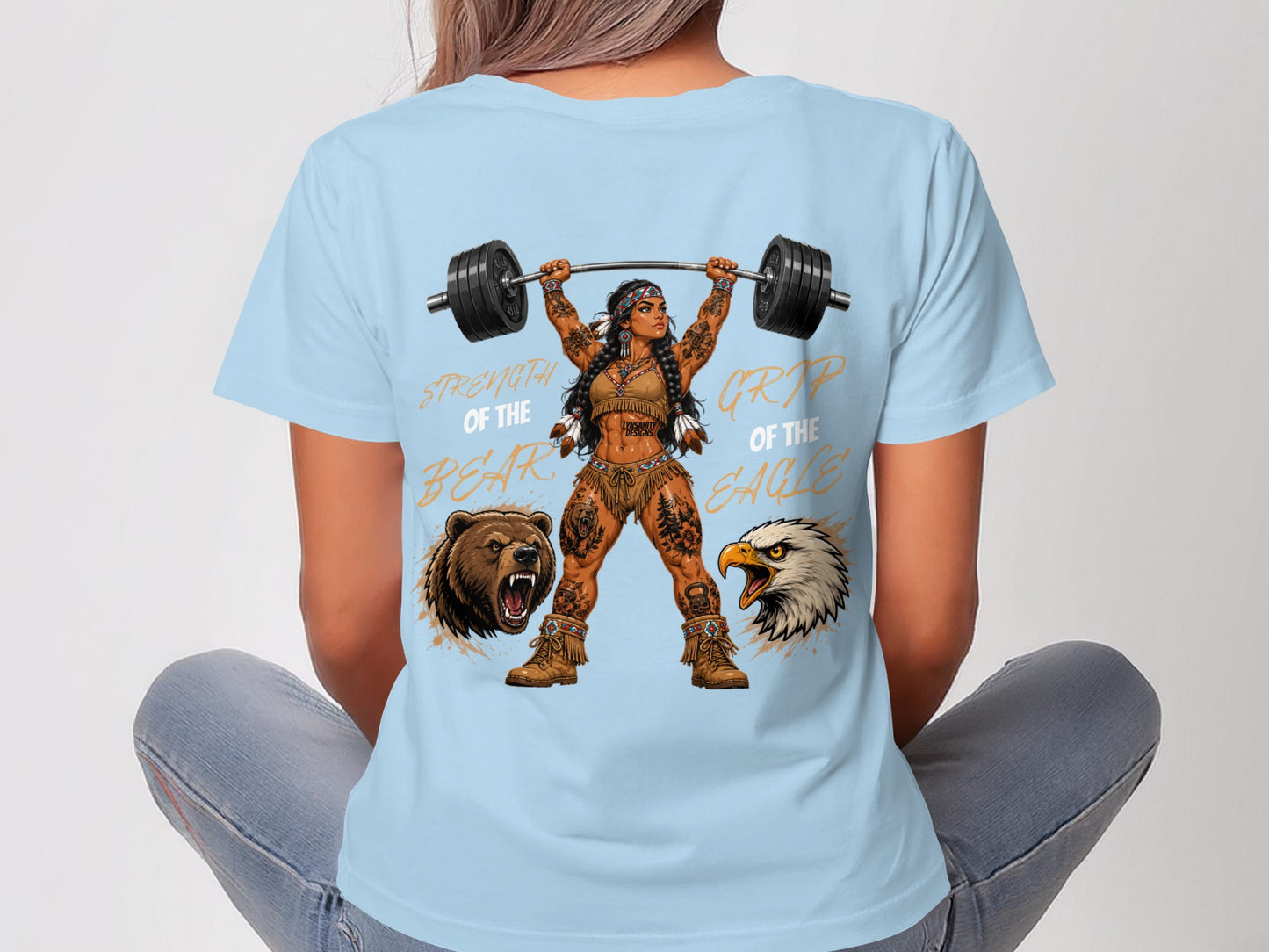 Woman lifting barbell with bear and eagle imagery, "Strength Grip of the Eagle" text.