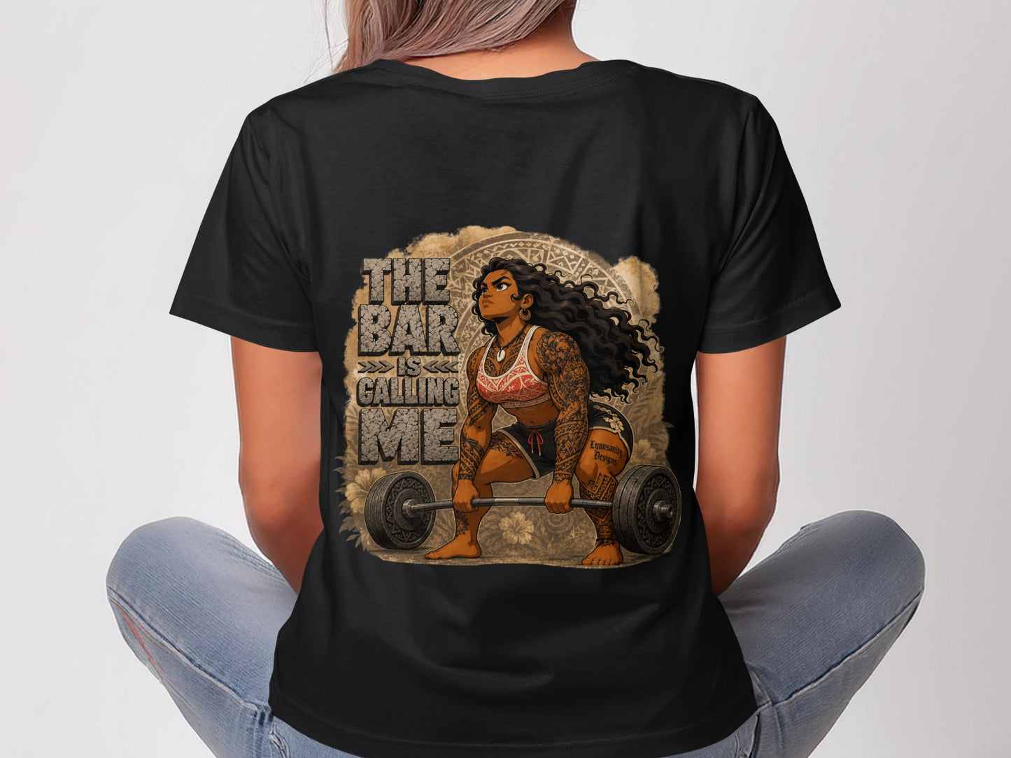 Woman in black t-shirt with tattoo art of woman lifting weights.