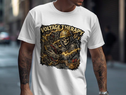Skeleton electrician with "Voltage Therapy" text and electrical wires.