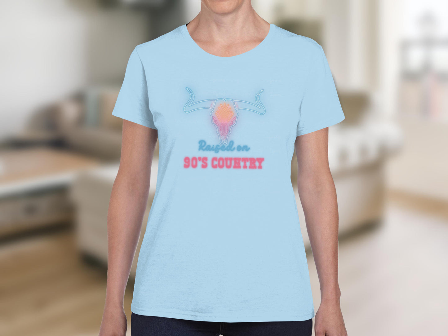 Light Blue Neon Bull Skull Raised on 90s Country product type