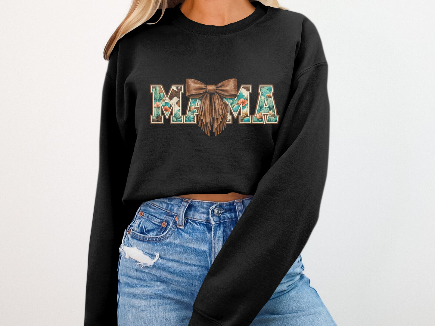 Black crewneck sweatshirt with "MAMA" text in a floral and cactus pattern.