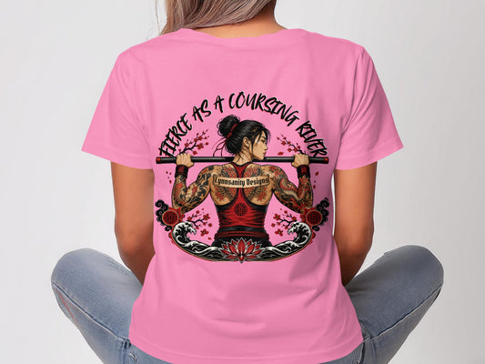 Woman in pink t-shirt with tattooed back, carrying a wooden bar.