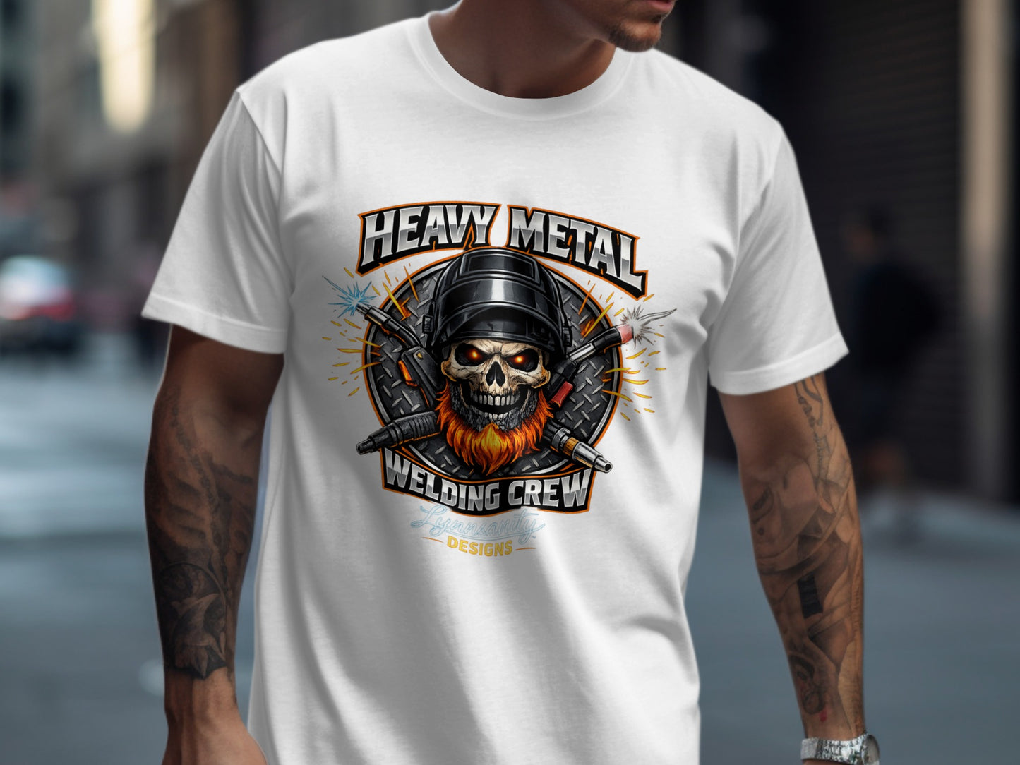 T-shirt with skull wearing welding helmet and crossed welding torches, text "Heavy Metal Welding Crew".