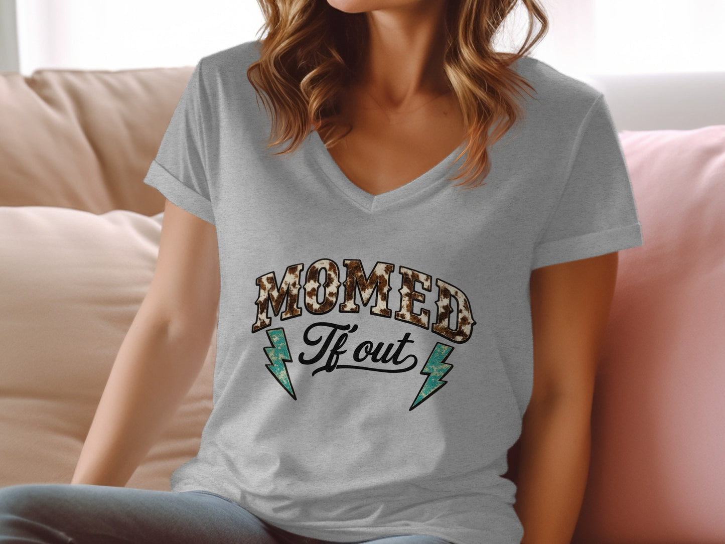 Gray v-neck t-shirt with "Mom AF" and lightning bolt graphics.
