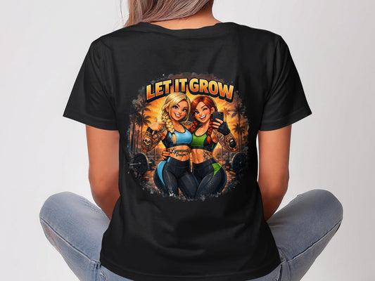 Two athletic women in workout gear taking a selfie, "LET IT GROW" text.