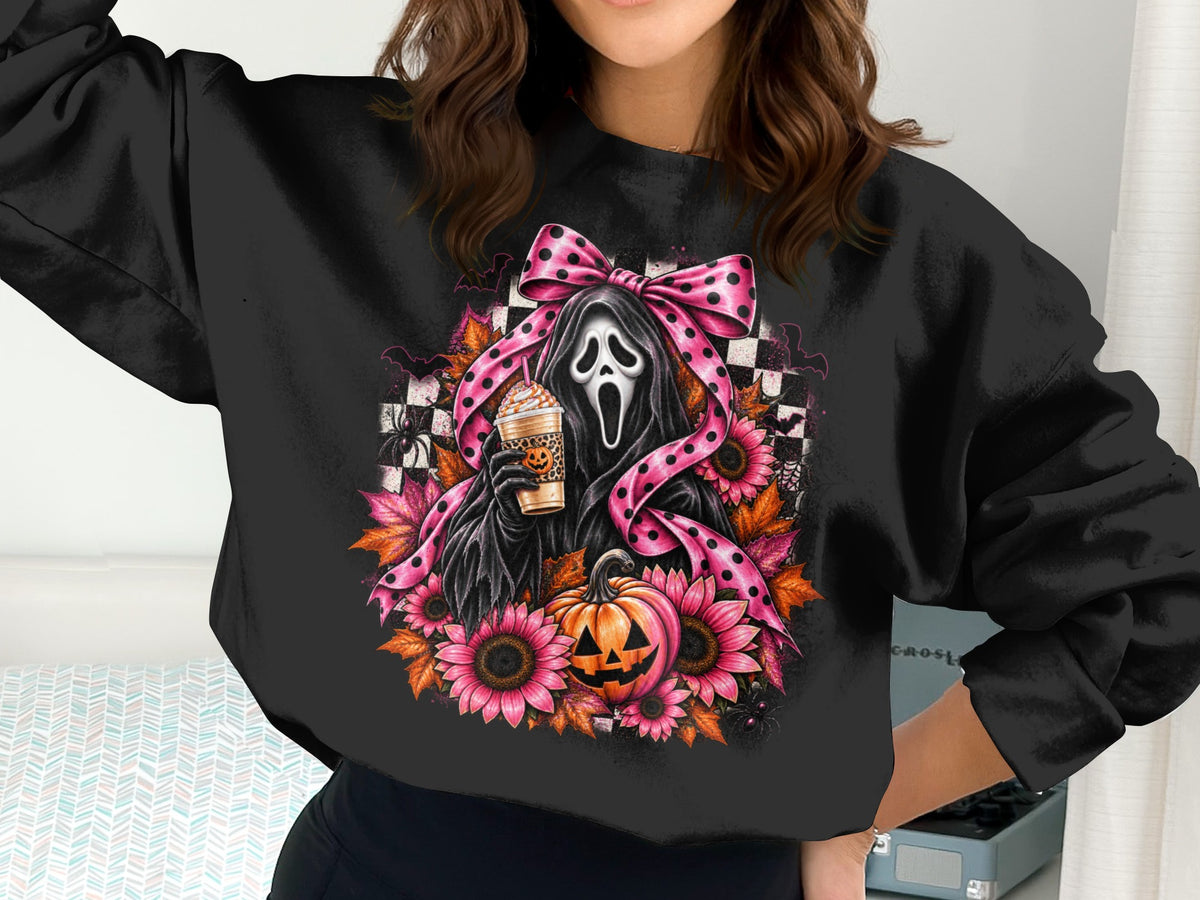 Ghostface with coffee and pumpkin surrounded by sunflowers and autumn leaves.