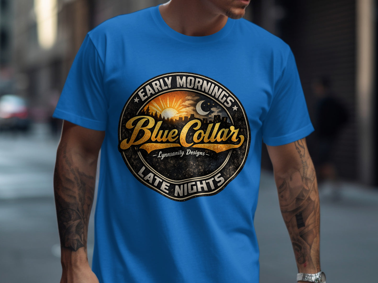 Blue Collar Late Nights t-shirt with circular vintage-style logo.
