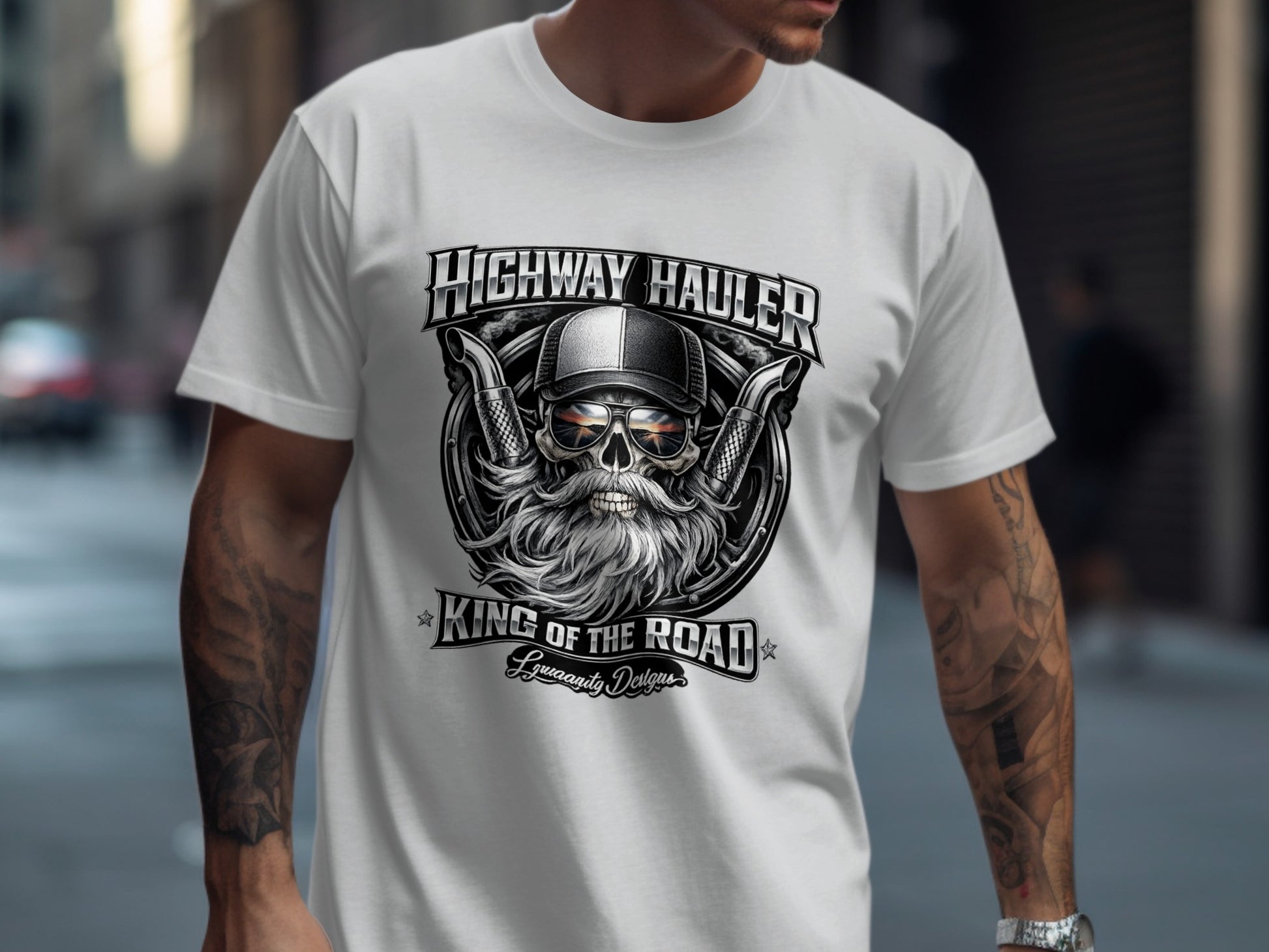 White t-shirt with "Highway Hauler King of the Road" text and skull graphic.