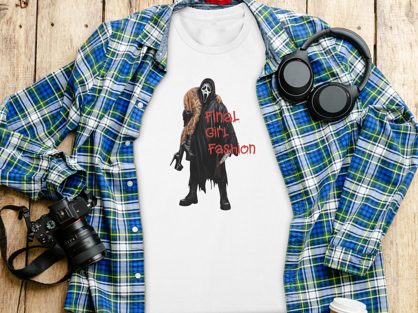 T-shirt with "Final Girl Fashion" text and graphic of a person in a mask.