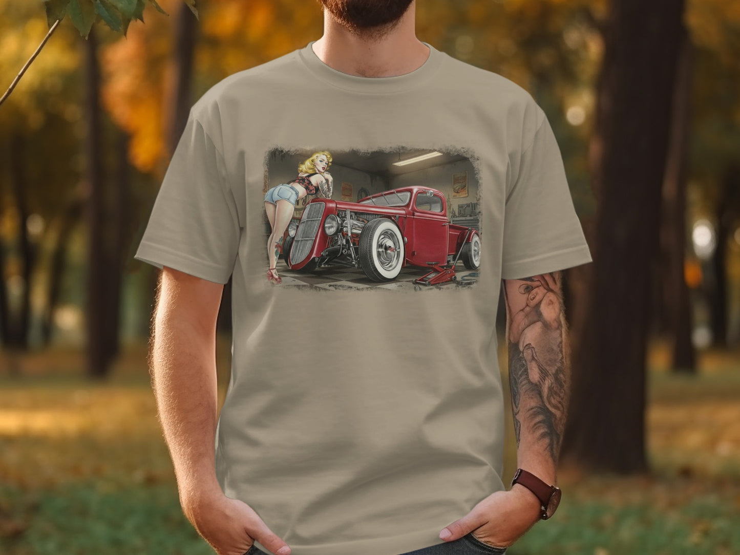 T-shirt with retro hot rod and pin-up girl graphic.