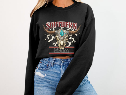 Black sweatshirt with bull skull and "Southern Mama" text.