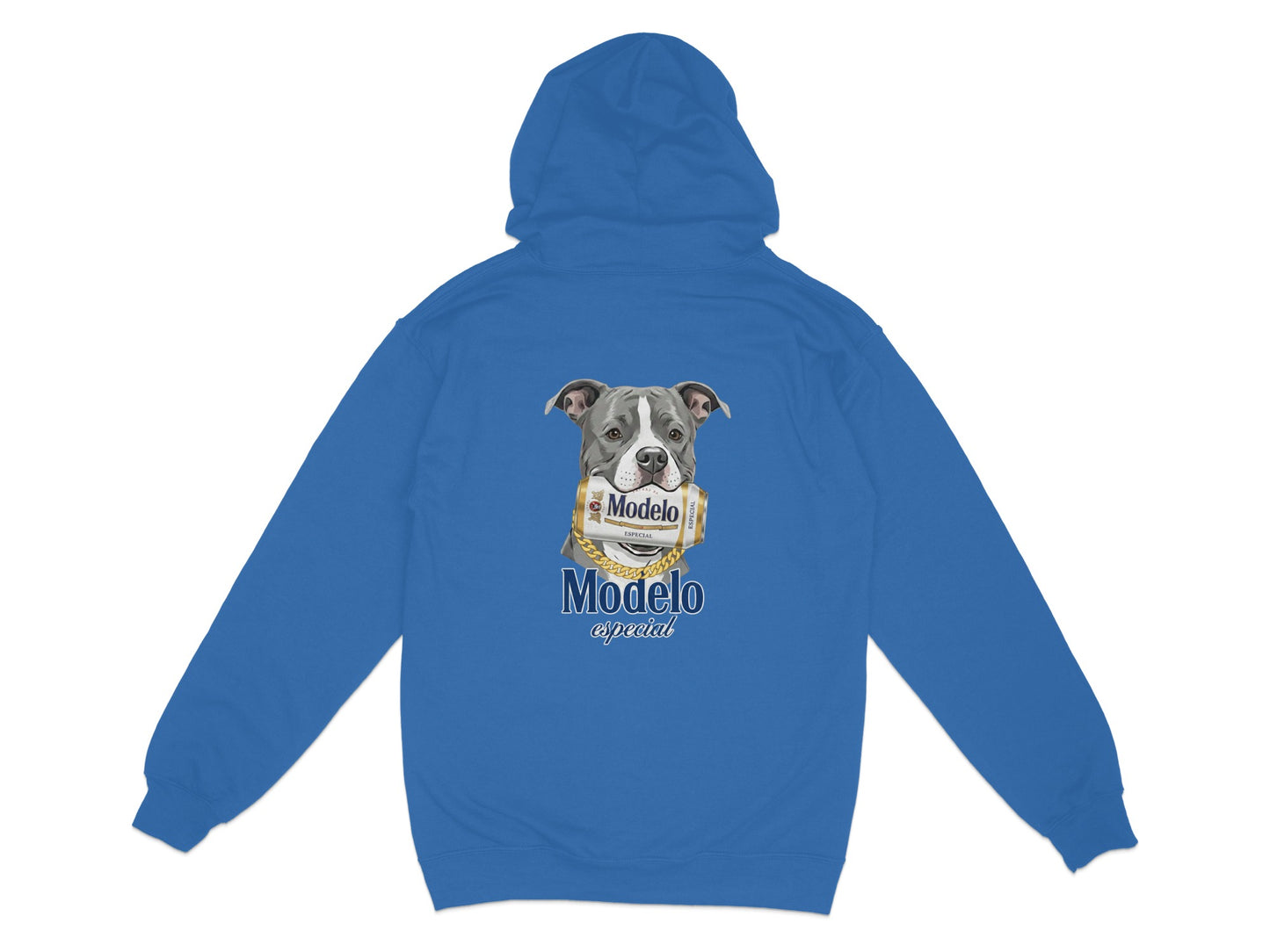 Blue hoodie with a pit bull wearing a Modelo Especial beer can necklace.